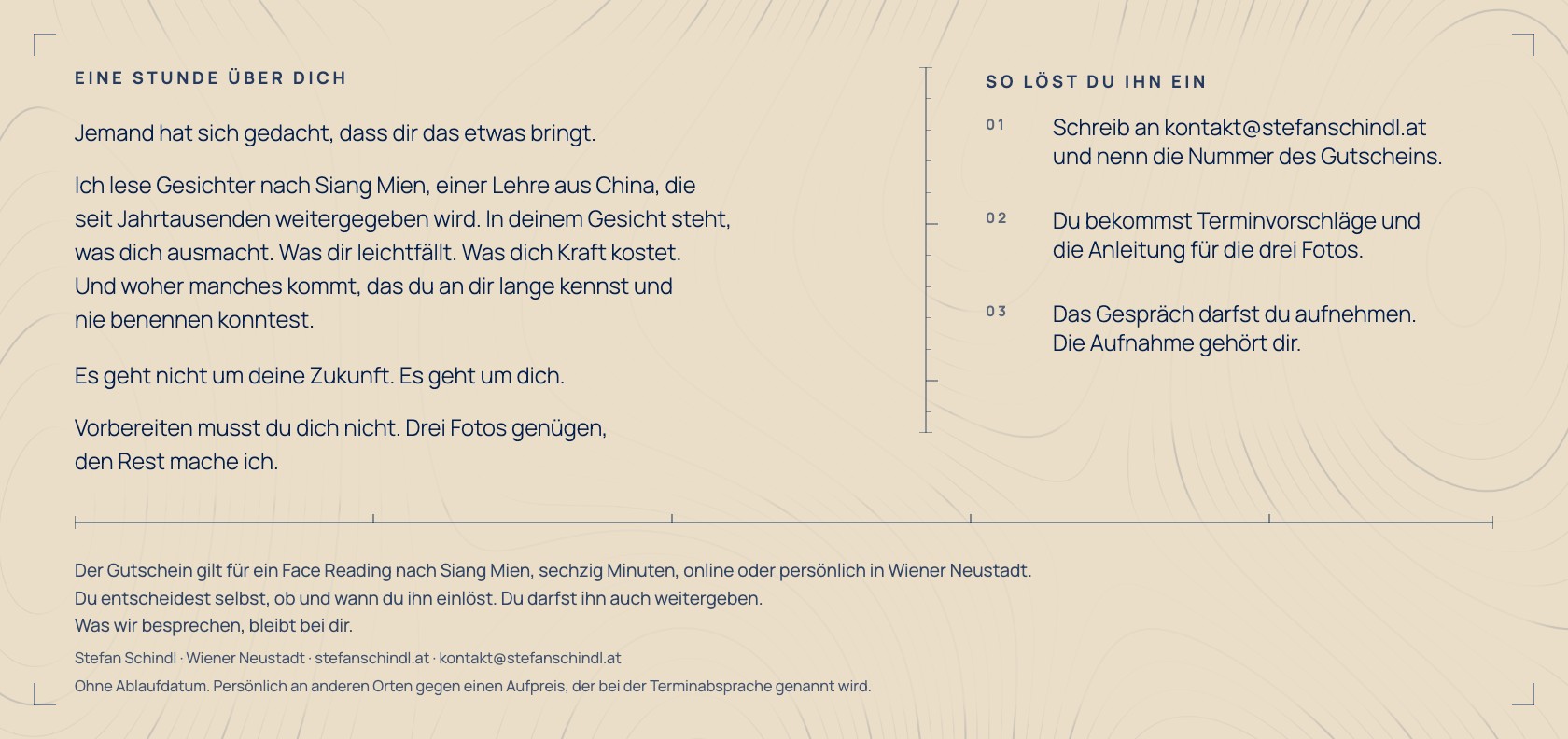 Rückseite des Gutscheins: Eine Stunde über dich, daneben drei Schritte zum Einlösen und unten die Bedingungen.