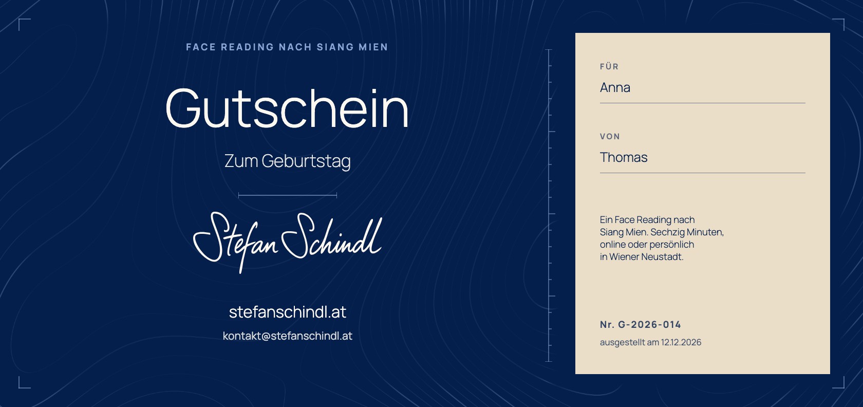 Vorderseite des Gutscheins: Gutschein, zum Geburtstag, der Namenszug von Stefan Schindl, daneben ein heller Abschnitt mit den Zeilen für und von und der Nummer.